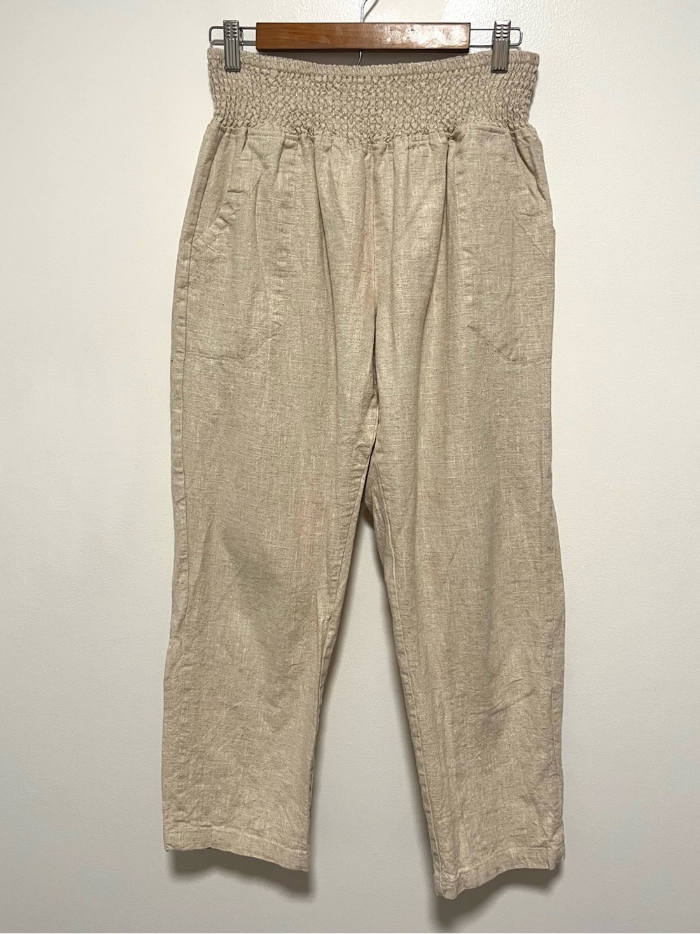 Emme Maternity 100% Linen Pull On Transitional Pants Beige Large